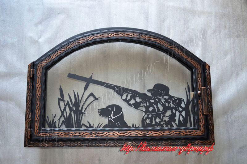 №122-у. Дверца для камина со стеклом Robax, рисунок на стекле "охота на уток", наличник по трем сторонам, патина "медь"